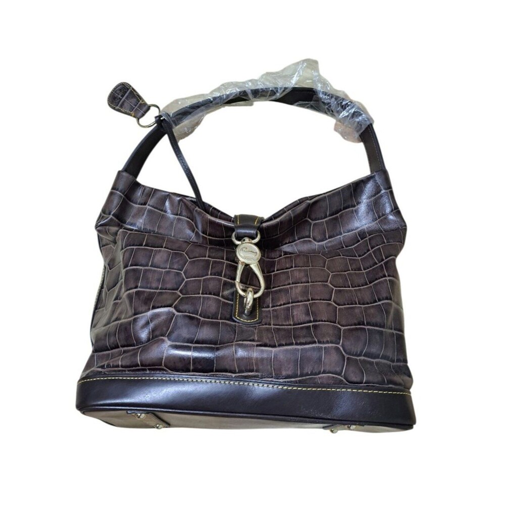 Dooney & Bourke Brown Croco Embossed Leather Logo Lock Hobo Shoulder Bag
